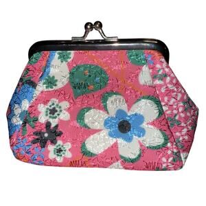 NWT Large Size Pink Floral Fabric Coin Card Purse Wallet Kiss Lock satin lined